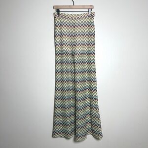 beivy Chevron Wide Leg Pants L Green Pink Zigzag Crochet Knit Festival Boho